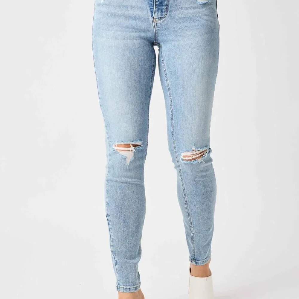 Judy Blue Mid Rise Tummy Control Destroy Skinny Denim Jeans Light Wash 88797 - Picture 1 of 6